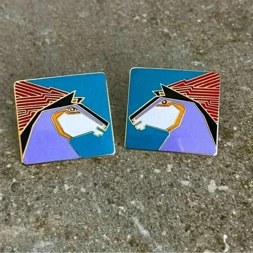 Vintage 80s Laurel Burch "Stallion" horse cloisonné earrings
